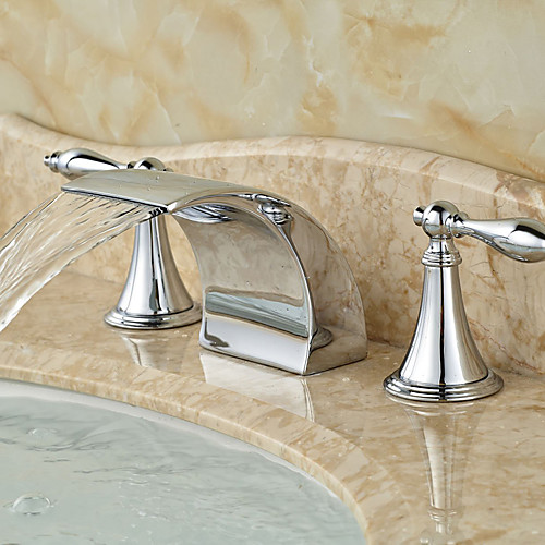 

Contemporary Widespread Waterfall Ceramic Valve Two Handles Three Holes Chrome, Bathroom Sink Faucet