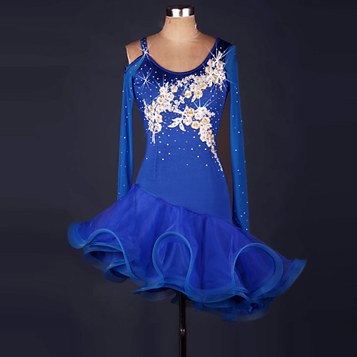 

Latin Dance Dresses Women's Performance Spandex / Organza Ruffles / Flower / Splicing Long Sleeve High Dress