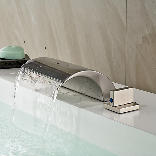 

Modern Widespread Waterfall Ceramic Valve Two Handles Three Holes Nickel Brushed, Bathroom Sink Faucet