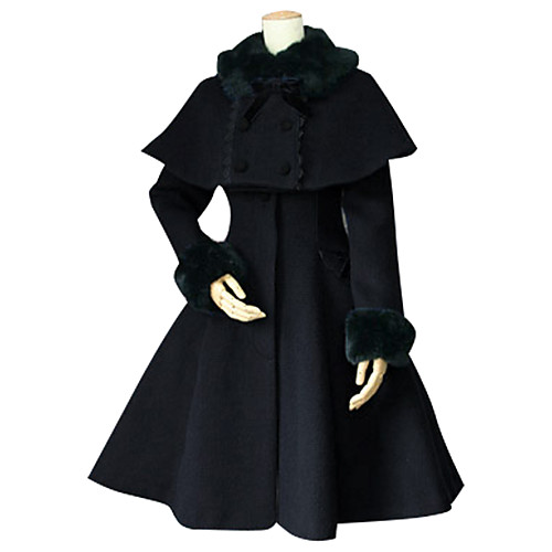 

Princess Sweet Lolita Winter Cape Coat Women's Girls' Lace Cotton Japanese Cosplay Costumes Plus Size Customized Black Ball Gown Solid Colored Long Sleeve Medium Length