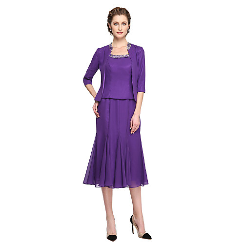 

А-силуэт Квадратный вырез Ниже колена Шифон / Шармез Платье для матери невесты с Бусины / Плиссировка от LAN TING BRIDE