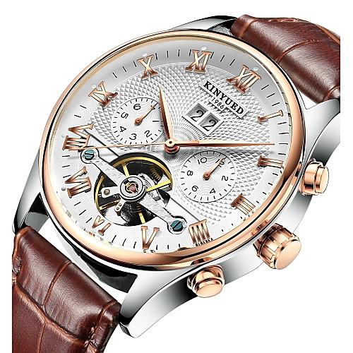 

KINYUED Men's Skeleton Watch Wrist Watch Mechanical Watch Automatic self-winding Roman Numeral Leather Brown 30 m Water Resistant / Waterproof Calendar / date / day Chronograph Analog Luxury Classic