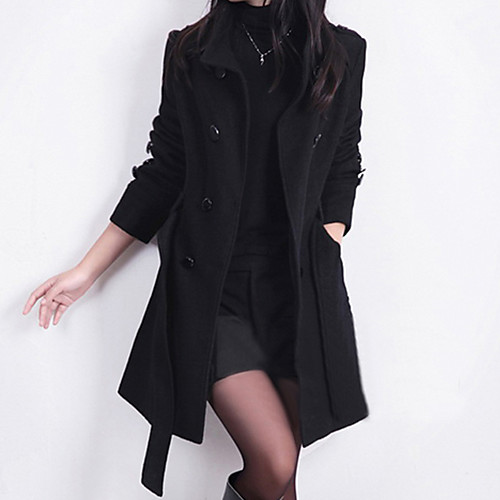 

Daily / Work Street chic Spring / Winter Long Coat, Solid Colored Stand Long Sleeve Wool Black / Yellow / Red