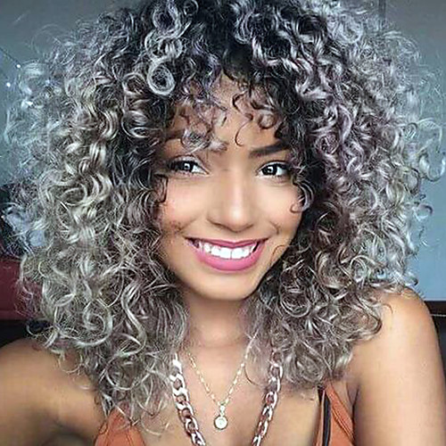 

heat resistant synthetic lace front wigs kinky curly hair black root grey color synthetic fiber hair wig