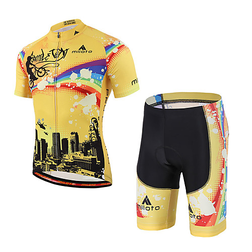 

Miloto Men's Women's Short Sleeve Cycling Jersey with Shorts Black / Yellow Rainbow Bike Clothing Suit 3D Pad Reflective Strips Sweat-wicking Sports Spandex Coolmax Rainbow Mountain Bike MTB Road