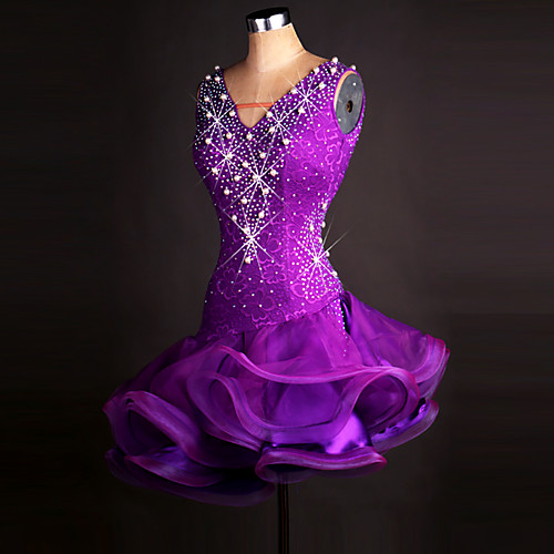 

Latin Dance Dresses Women's Performance Spandex / Organza Crystals / Rhinestones Sleeveless Dress