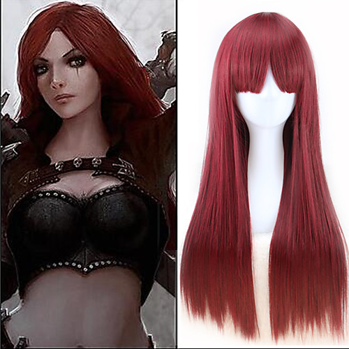 

30 inches wine red long straight game lol league of legends katarina cosplay harajuku womens wigs fashion party plucas Halloween