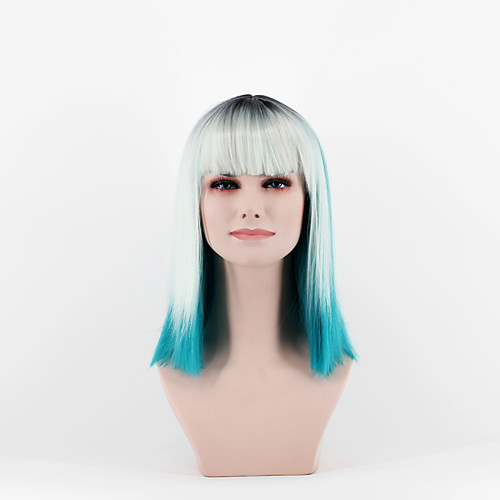 

fashion women s wig the latest gradient silver grass ice blue in the new omber straight bangs new short hair high emperature wire wig