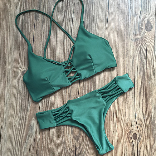 

Women's Solid Lace Up Halter Neck Green Bikini Swimwear - Solid Colored S M L Green / Sexy