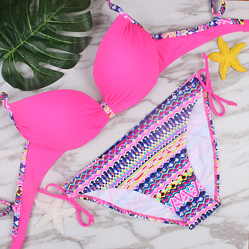 

Women's Boho Solid Lace Up Halter Neck Blue Black Fuchsia Bikini Swimwear - Pattern L XL XXL Blue / Sexy