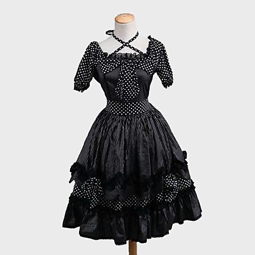 

Princess Sweet Lolita Dress Women's Girls' Japanese Cosplay Costumes Black Polka Dot Stripes Short Sleeve Knee Length