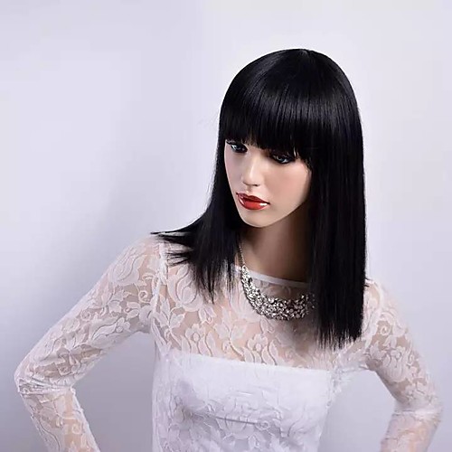 

Synthetic Wig Straight Straight With Bangs Wig Pink Medium Length Light Blue Grey Pink Natural Black Purple Synthetic Hair Women's Black Blue Pink
