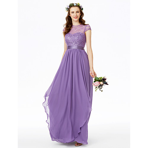 

A-Line Jewel Neck Floor Length Chiffon / Floral Lace Bridesmaid Dress with Bow(s) / Lace / Sash / Ribbon