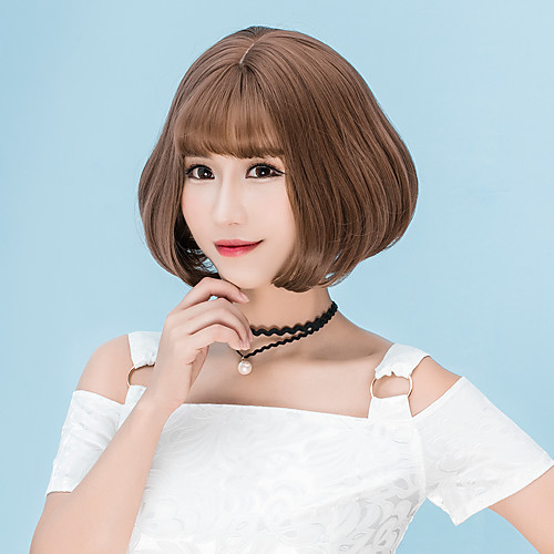 

Synthetic Wig Straight Straight Bob With Bangs Wig Short Flaxen Chestnut Brown Ash Brown Brown Grey Synthetic Hair Women's Brown Gray