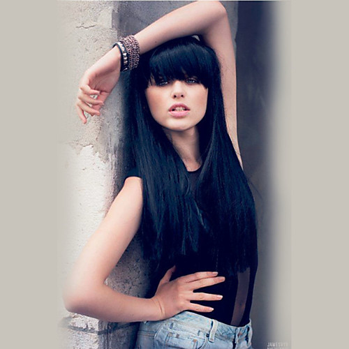 

Human Hair Wig Long Straight With Bangs Straight Machine Made Women's Black#1B