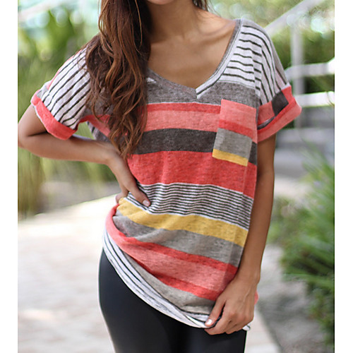 

Women's Going out Weekend T-shirt - Color Block Patchwork V Neck Blue
