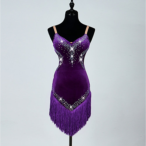 

Latin Dance Dresses Women's Performance Corduroy Crystals/Rhinestones Tassel Sleeveless High