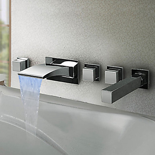 

Waterfall Bathtub Faucet - Contemporary / Modern Style / LED Chrome Wall Mounted Brass Valve Bath Shower Mixer Taps / Three Handles Five Holes