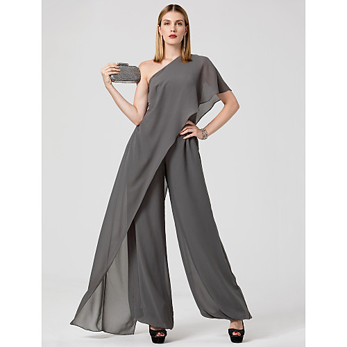 

Jumpsuits One Shoulder Floor Length Chiffon Sexy / Grey Formal Evening / Wedding Guest Dress with Draping 2020