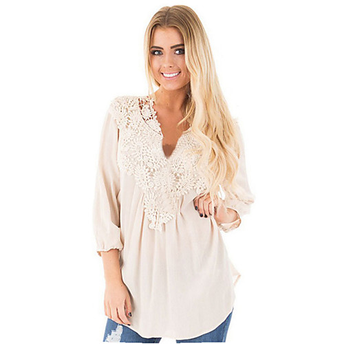 

Women's Daily Weekend Plus Size Blouse - Solid Colored Lace V Neck Purple / Spring / Summer