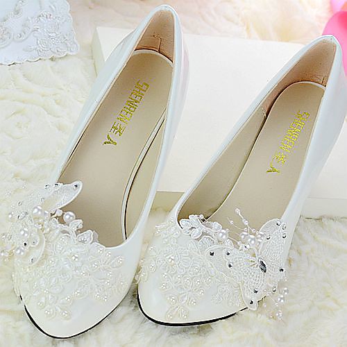 

Women's Wedding Shoes Cone Heel Pointed Toe / Round Toe Rhinestone / Bowknot / Beading Lace / PU(Polyurethane) Slingback Spring / Fall White / Party & Evening / EU40