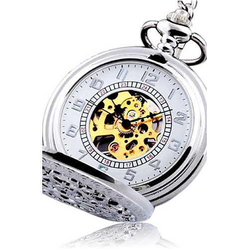

Men's Pocket Watch Automatic self-winding Silver Hollow Engraving Analog Vintage Steampunk - Silver