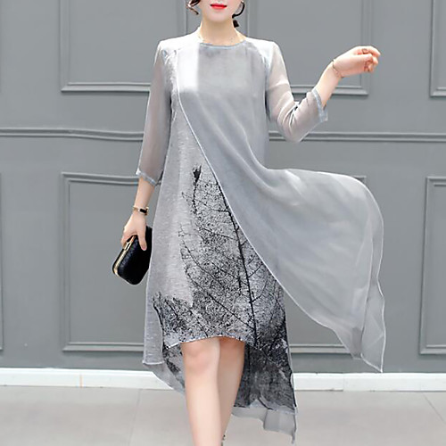 

Women's Plus Size Asymmetrical Chiffon Dress - 3/4 Length Sleeve Print Layered Summer Going out Gray S M L XL XXL XXXL XXXXL XXXXXL