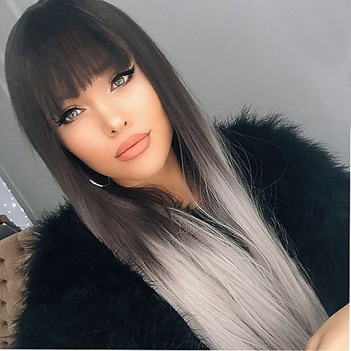 

Synthetic Wig Straight Straight Silky Straight With Bangs Wig Medium Length Black / Grey Synthetic Hair Women's With Ponytail Black Grey Ombre