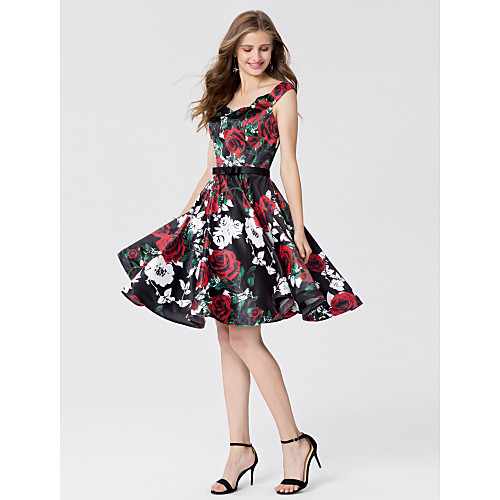 

Ball Gown Straps Knee Length Satin Open Back / Pattern Dress Cocktail Party / Prom Dress with Bow(s) / Sash / Ribbon 2020
