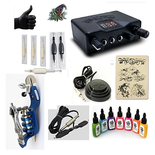 

BaseKey Tattoo Machine Starter Kit - 1 pcs Tattoo Machines with 7 x 15 ml tattoo inks, Professional LED power supply Case Included 1 rotary machine liner & shader