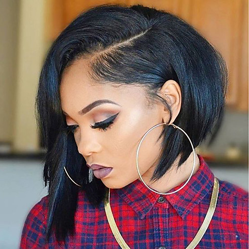 

women human hair lace wig brazilian human hair glueless full lace 150% density asymmetrical haircut with baby hair straight wig black