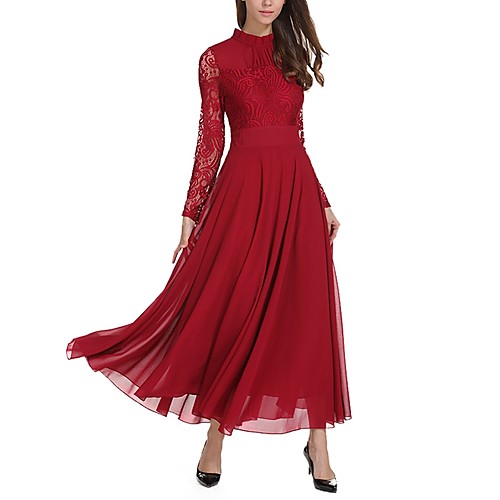 

Women's Maxi Loose Dress - Long Sleeve Solid Colored Lace Spring Winter Stand Casual Daily Wine