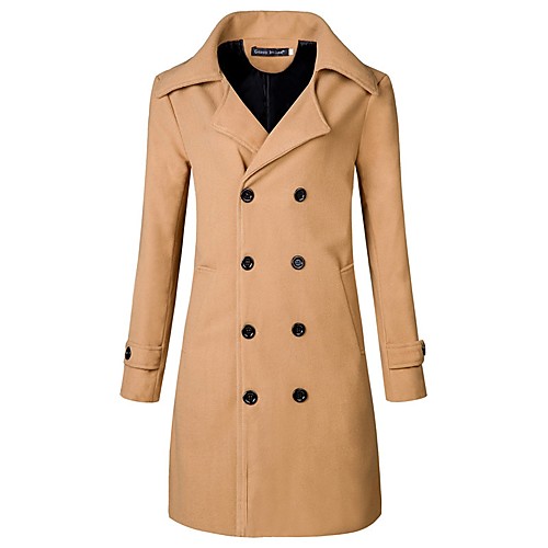 

Men's Daily / Weekend Fall Long Overcoat, Solid Colored Notch Lapel Long Sleeve Polyester Black / Gray / Khaki / Double Breasted / Slim