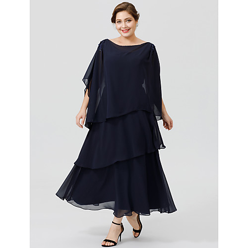 

Ball Gown Cowl Neck Tea Length / Ankle Length Chiffon Short Sleeve Classic & Timeless / Elegant & Luxurious / Plus Size Mother of the Bride Dress with Beading / Tiered 2020 / Butterfly Sleeve