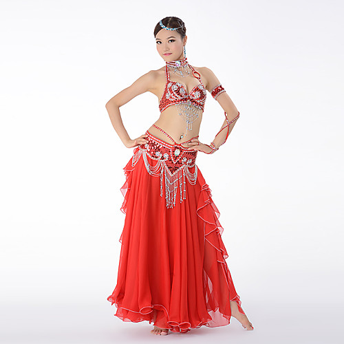 

Belly Dance Outfits Women's Performance Cotton Polyester Chiffon Paillette Crystals / Rhinestones Tassel Ruffles Dropped Skirts Bra Belt