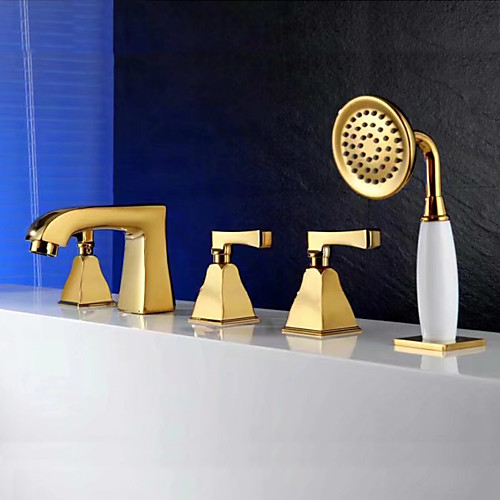 

Bathtub Faucet Gold Tub And Shower Ceramic Valve Bath Shower Mixer Taps / Three Handles Five Holes