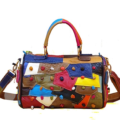 

Women's Tiered Cowhide Top Handle Bag Geometric Rainbow