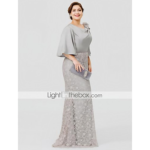 

Mermaid / Trumpet Cowl Neck Sweep / Brush Train Satin Chiffon / Lace Over Satin Half Sleeve Sexy / Plus Size Mother of the Bride Dress with Appliques Mother's Day 2020