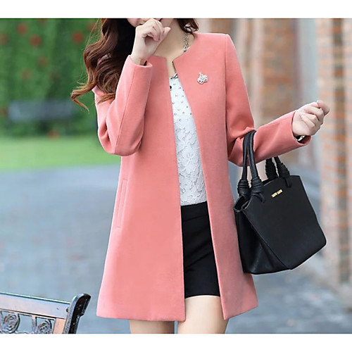 

Women's Going out Fall / Winter Regular Coat, Solid Colored Round Neck Long Sleeve Polyester Blushing Pink / Yellow / Fuchsia