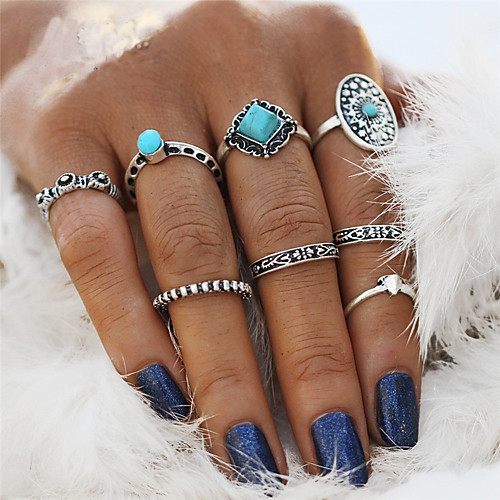 

Women's Nail Finger Ring Rings Set Pinky Ring Turquoise 8pcs Silver Alloy Statement Vintage Bohemian Wedding Party Jewelry