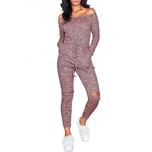 

Women's Off Shoulder Daily / Weekend Boat Neck Black Red Gray Slim Jumpsuit Onesie, Solid Colored S M L High Waist Long Sleeve Fall