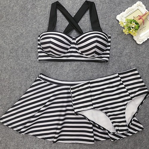 

Women's Plus Size Strap Black Skirt Multi-piece Swimwear Swimsuit - Striped Print L XL XXL Black / Sexy