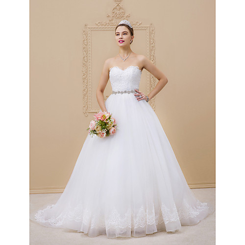 

Ball Gown Sweetheart Neckline Chapel Train Tulle / Lace Over Tulle Strapless Glamorous Sparkle & Shine Wedding Dresses with Lace / Sashes / Ribbons / Beading 2020