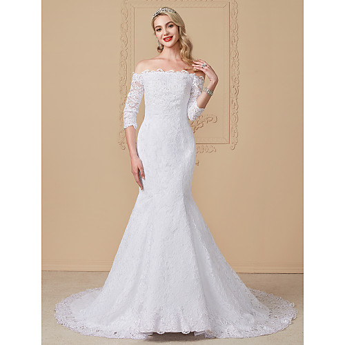 

Mermaid / Trumpet Off Shoulder Chapel Train Lace / Sequined 3/4 Length Sleeve Open Back Made-To-Measure Wedding Dresses with Beading / Appliques 2020 / Illusion Sleeve