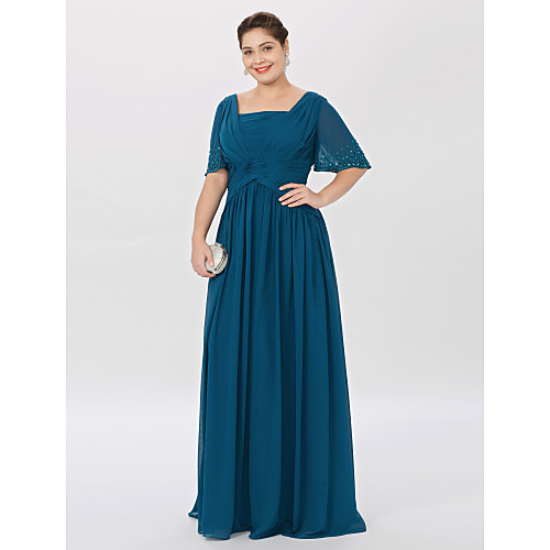 

Ball Gown / A-Line Square Neck Floor Length Chiffon Short Sleeve Classic & Timeless / Elegant & Luxurious / Elegant Mother of the Bride Dress with Pleats / Beading Mother's Day 2020