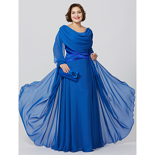 

Sheath / Column Cowl Neck Floor Length Chiffon Long Sleeve Classic & Timeless / Elegant & Luxurious / Plus Size Mother of the Bride Dress with Crystals / Criss Cross 2020