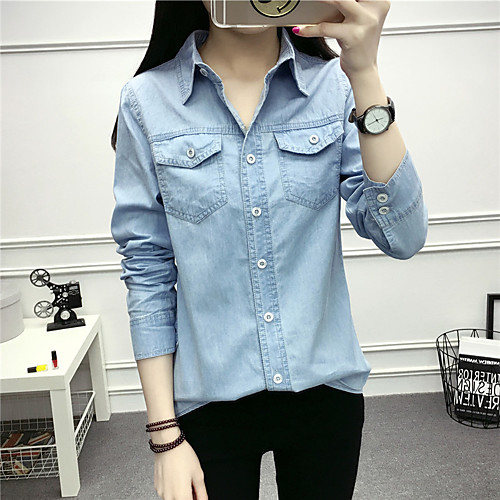 

Women's Daily Cotton Shirt - Solid Colored Shirt Collar Blue