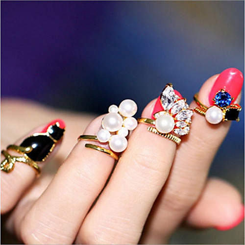 

Women's Nail Finger Ring Open Cuff Ring 4pcs Gold Imitation Pearl Alloy Geometric Dainty Statement Ladies Evening Party Bar Jewelry