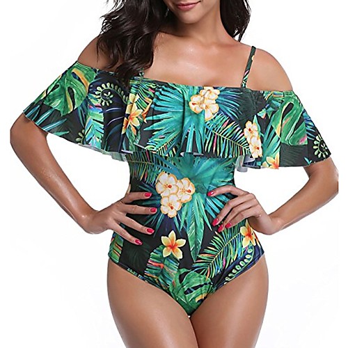 

Women's Boho Strap / Off Shoulder Green White Bandeau Briefs One-piece Swimwear - Floral Tropical Leaf Ruffle / Print L XL XXL / Sexy