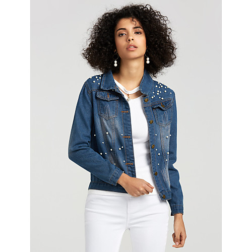 

Women's Daily Modern Contemporary Spring Short Denim Jacket, Solid Colored Shirt Collar Long Sleeve Others Blue